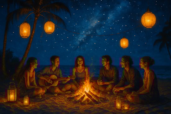 Seja transportado para uma noite mgica sob um cu estrelado onde um lual iluminado por lanternas e velas cria um ambiente romntico e acolhedor Em meio-1