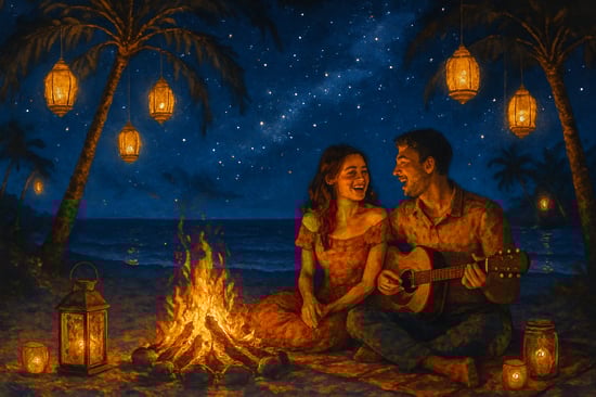 Um casal transportado para uma noite mgica sob um cu estrelado onde um lual iluminado por lanternas e velas cria um ambiente romntico e acolhedor Em m